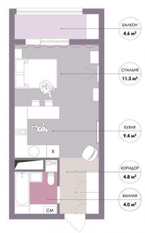 Проект квартиры-студии около 30 кв.м 08