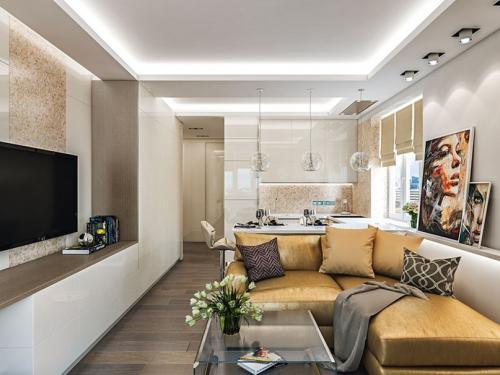 Кухня в студии в интересном золотом цвете 01