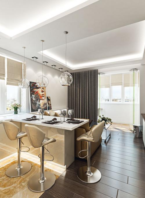 Кухня в студии в интересном золотом цвете 02