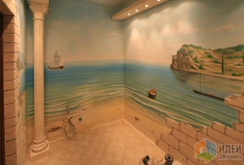 Рисунки на стенах в ванной комнате своими руками. Нанесение