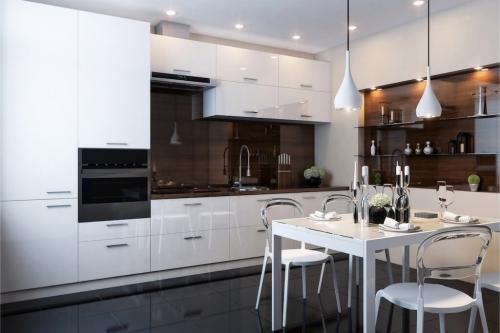 Белая кухня с белой столешницей. Стилистическое разнообразие