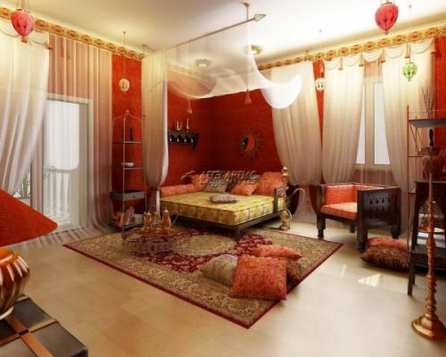 В индийском стиле комната. Мебель и аксессуары 01