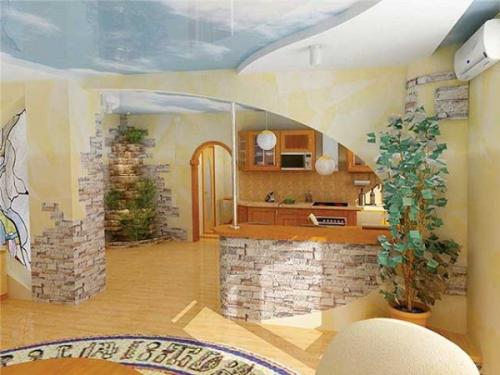 Кухня с балками и камнем. Камень в интерьере кухни