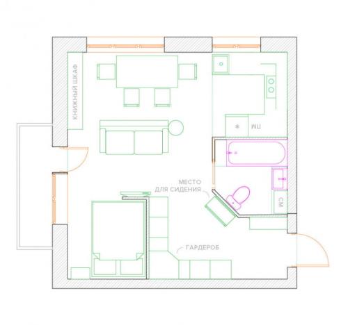 Однокомнатная квартира с неполной стационарной перегородкой. Варианты стилей дизайна для угловой квартиры 09