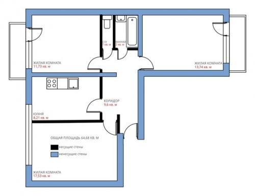 Как можно создать разделение пространства в трешке без перепланировки. Распределение комнат в трешке