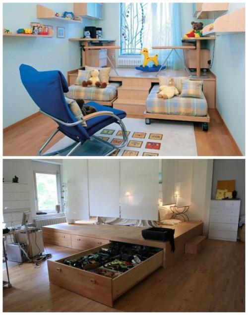 Как совместить рабочее пространство с хранением необходимых вещей в небольшом кабинете.  Создание супервместительного подиума