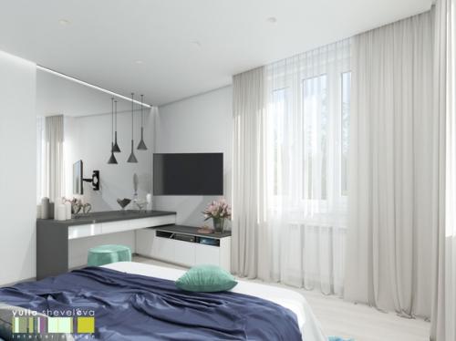 Спальня в современном стиле сделана с акцентом на насыщенный синий цвет. 01