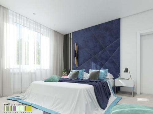 Спальня в современном стиле сделана с акцентом на насыщенный синий цвет. 03
