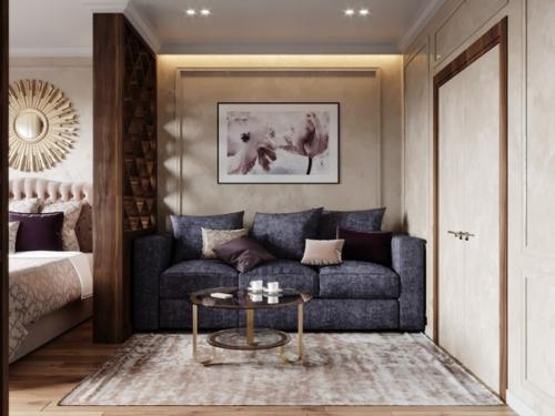 Дизайн - проект оформления гостиной с зонированием.