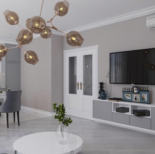 Кухня и гостиная в едином стиле.