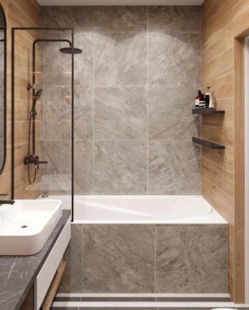 Совмещенный санузел, сделанный в современном стиле с помощью дизайнеров. 05