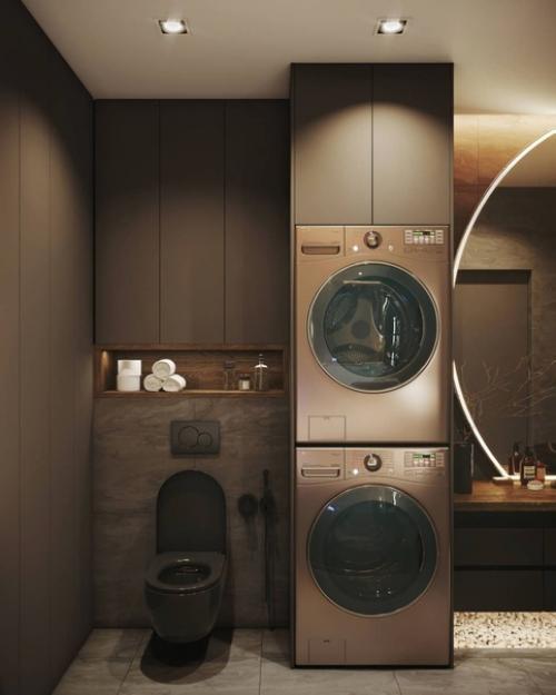 Создайте уютную и функциональную ванную комнату, сделанную в теплых тонах.