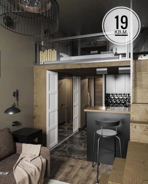 Внимание!  Только в том случае, если у вас небольшая студия, не беда, ее всегда можно превратить в хоромы, главное чтобы потолки были высокие.