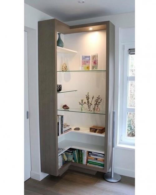 Чтобы угол или стенка не выглядели пусто, можно добавить туда очень интересные стеллажи или полочки. 03