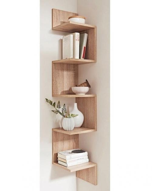 Чтобы угол или стенка не выглядели пусто, можно добавить туда очень интересные стеллажи или полочки. 05