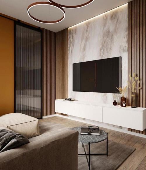 Эта гостиная завораживает своей прекрасной цветовой гаммой, а также небольшими горчичными деталями. 01