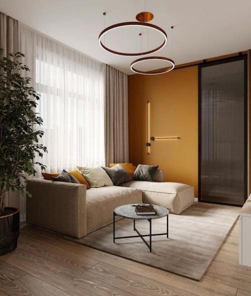 Эта гостиная завораживает своей прекрасной цветовой гаммой, а также небольшими горчичными деталями. 03