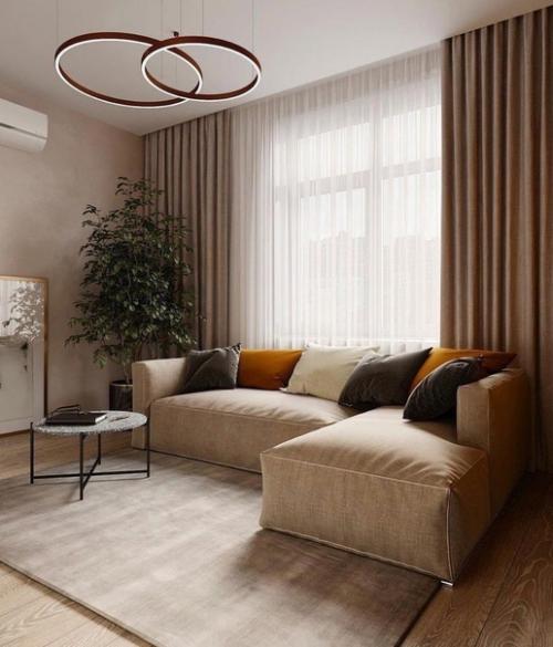 Эта гостиная завораживает своей прекрасной цветовой гаммой, а также небольшими горчичными деталями. 02