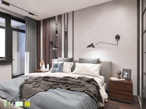 Интерьер спальни выполнен в современном направлении с элементами стиля лофт. 03