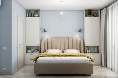 Светлая спальня с гардеробной.