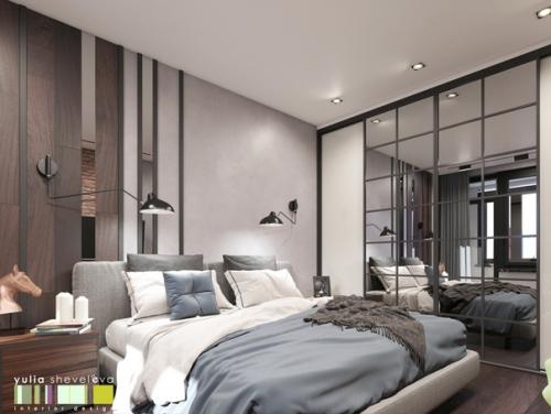Интерьер спальни выполнен в современном направлении с элементами стиля лофт. 01