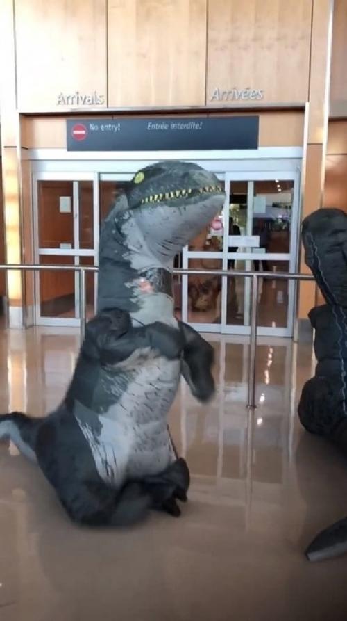 Динозавры в надувных костюмах бабуле сюрприз устроили! 01