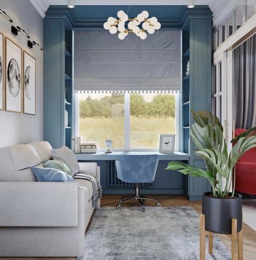 Этот небольшой кабинет в спокойных тонах идеально подходит для создания уютного, уединенного пространства.