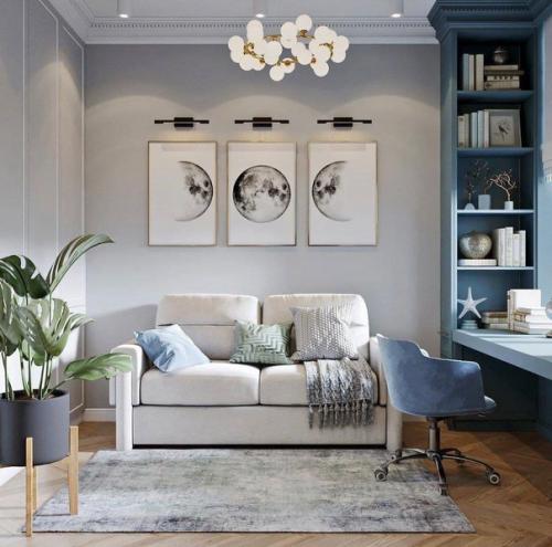 Этот небольшой кабинет в спокойных тонах идеально подходит для создания уютного, уединенного пространства. 01