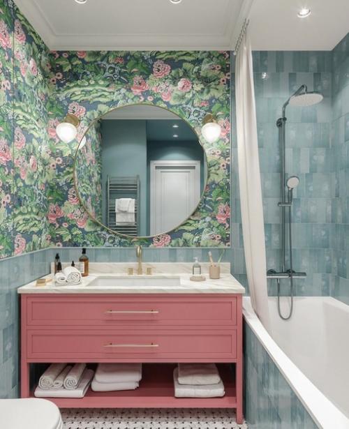 В этой ванной комнате не только прекрасная цветовая гамма, но и функциональность, делающая ее удобной! 01