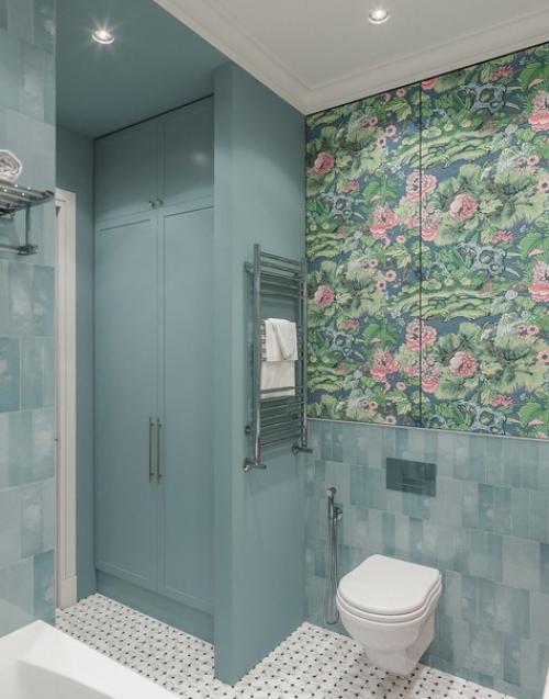 В этой ванной комнате не только прекрасная цветовая гамма, но и функциональность, делающая ее удобной! 04