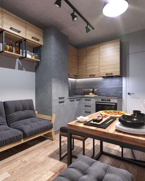 Девяти квадратная кухня оформленная в лофт стиле, для создания наибольшего уюта.