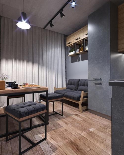 Девяти квадратная кухня оформленная в лофт стиле, для создания наибольшего уюта. 02