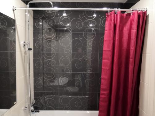 Это дизайн моего санузла, отделка черно белая с красным. 01