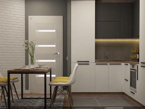 Дизайн квартиры в 50 метров, серый цвет и дерево. 01