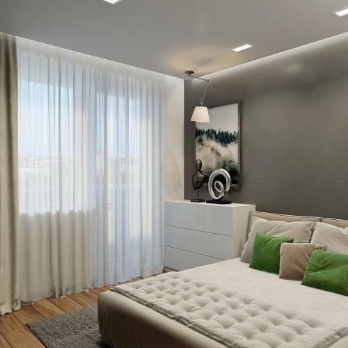 Вариант интерьера однокомнатной квартиры, с применением зонирования, где разделена спальная зона с гостинной. 01