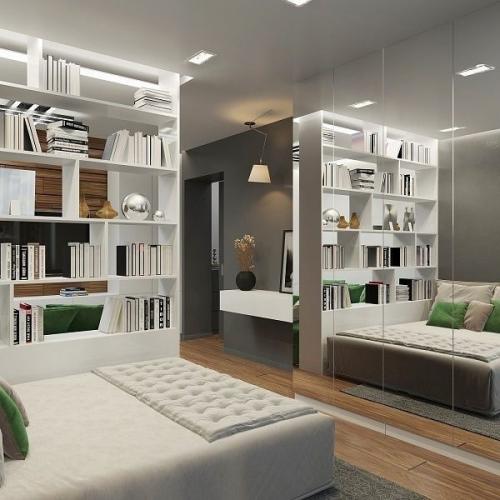 Вариант интерьера однокомнатной квартиры, с применением зонирования, где разделена спальная зона с гостинной. 05